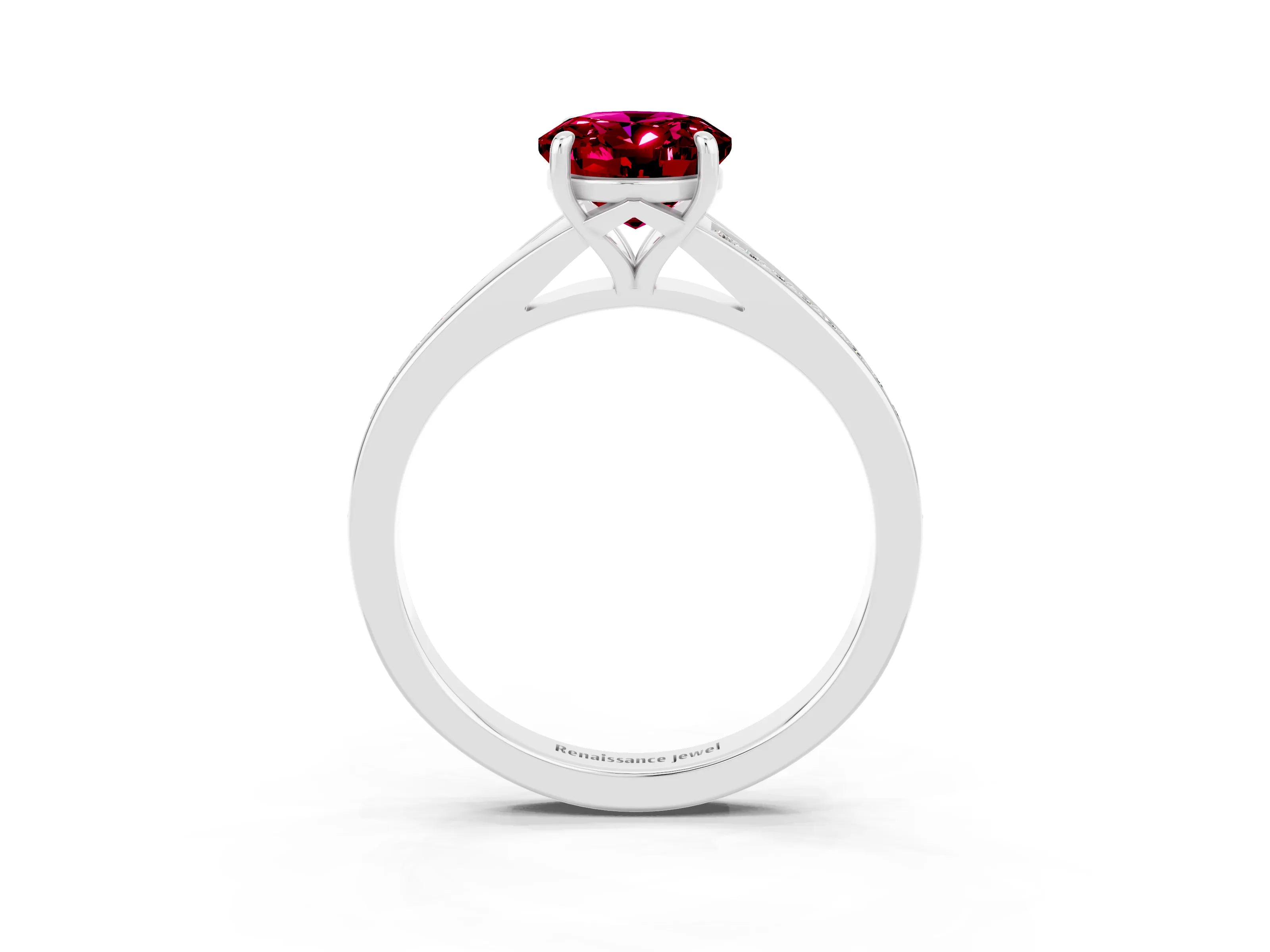 White gold Oval Cut Garnet Solitaire Ring with Pavé Band and Prong Setting_15