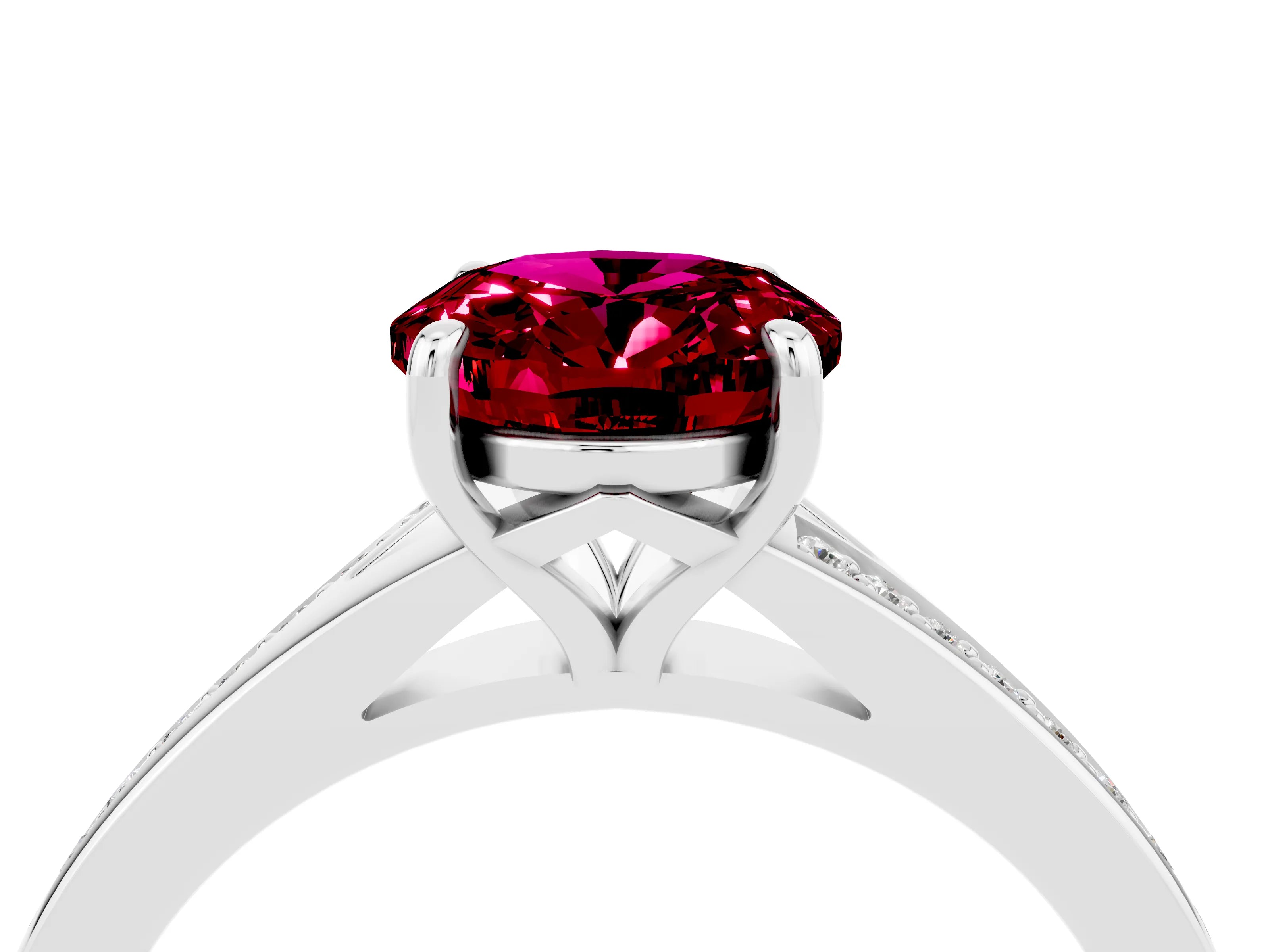 White gold Oval Cut Garnet Solitaire Ring with Pavé Band and Prong Setting_16
