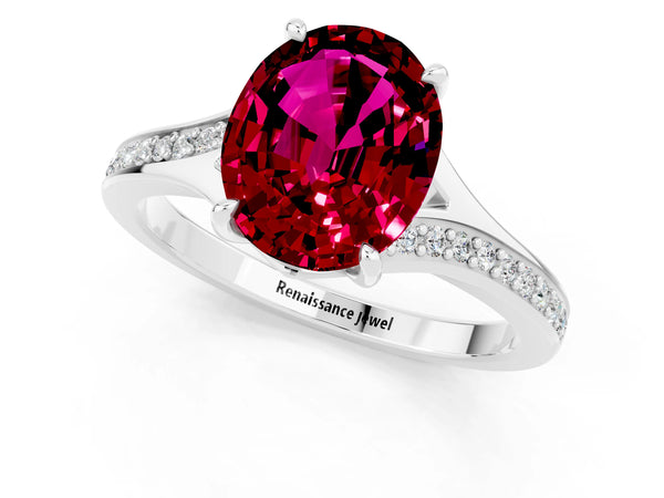 White gold Oval Cut Garnet Solitaire Ring with Pavé Band and Prong Setting