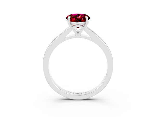 Platinum Oval Cut Garnet Solitaire Ring with Pavé Band and Prong Setting