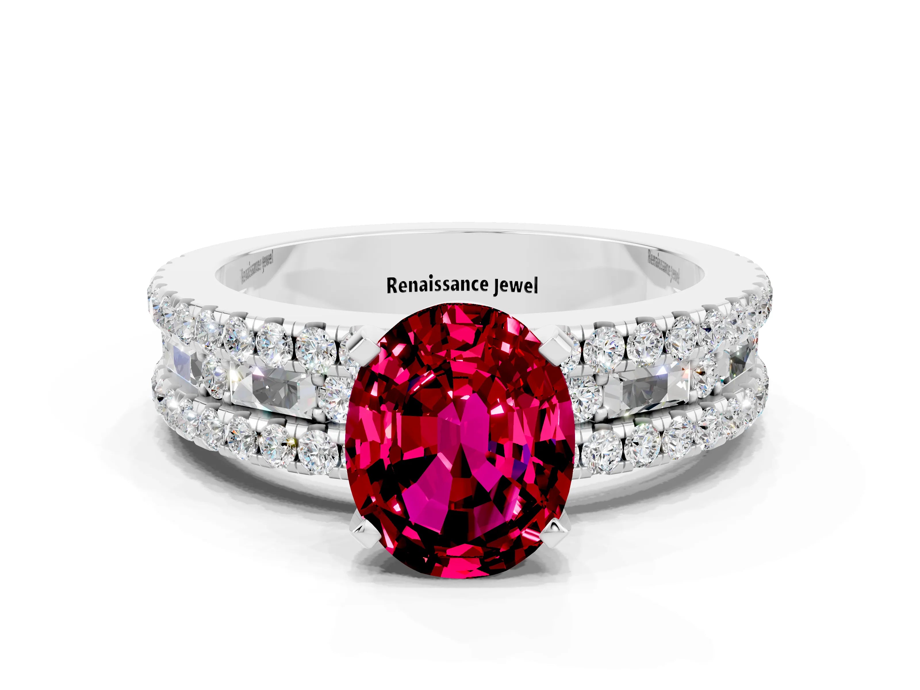 White gold Oval Cut Garnet Solitaire Ring with Pavé and Channel Set Band