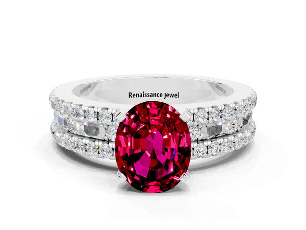 Platinum Oval Cut Garnet Solitaire Ring with Pavé and Channel Set Band