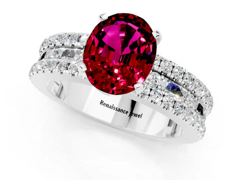 White gold Oval Cut Garnet Solitaire Ring with Pavé and Channel Set Band_1
