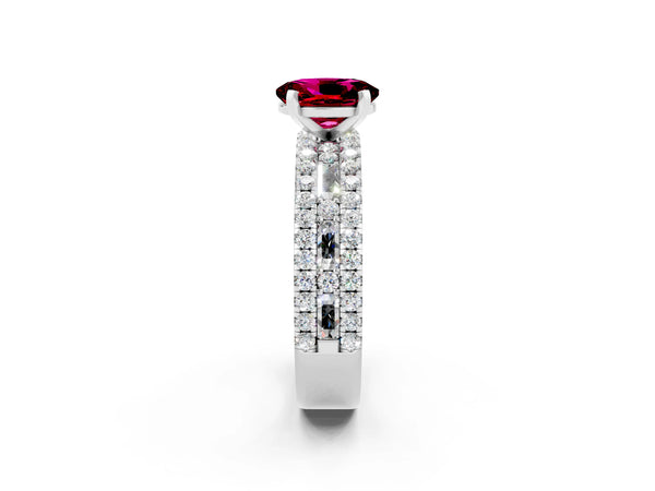 Platinum Oval Cut Garnet Solitaire Ring with Pavé and Channel Set Band