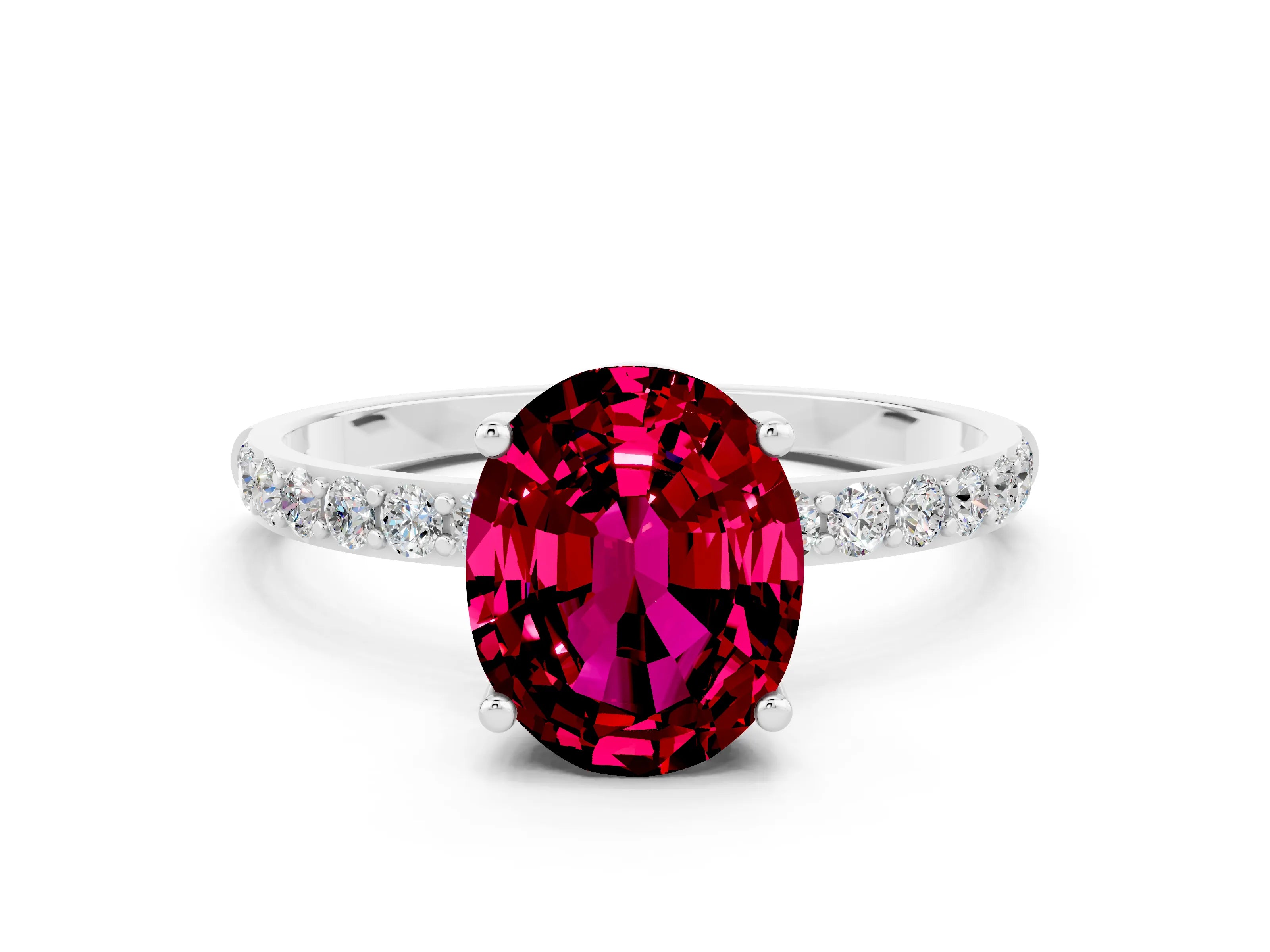 White gold Oval Cut Garnet Solitaire Ring with Pave Band and Four Prong Setting_12