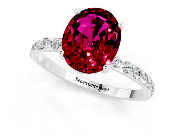 Platinum Oval Cut Garnet Solitaire Ring with Round  Pavé Band and Prong Setting