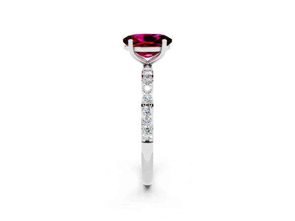 White gold Oval Cut Garnet Solitaire Ring with Round  Pavé Band and Prong Setting