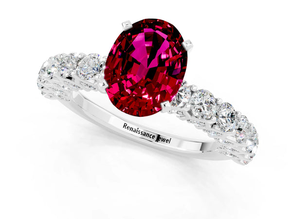 Silver Oval Cut Garnet Solitaire Ring with Shared Prong Pavé Band and Four-Prong Setting