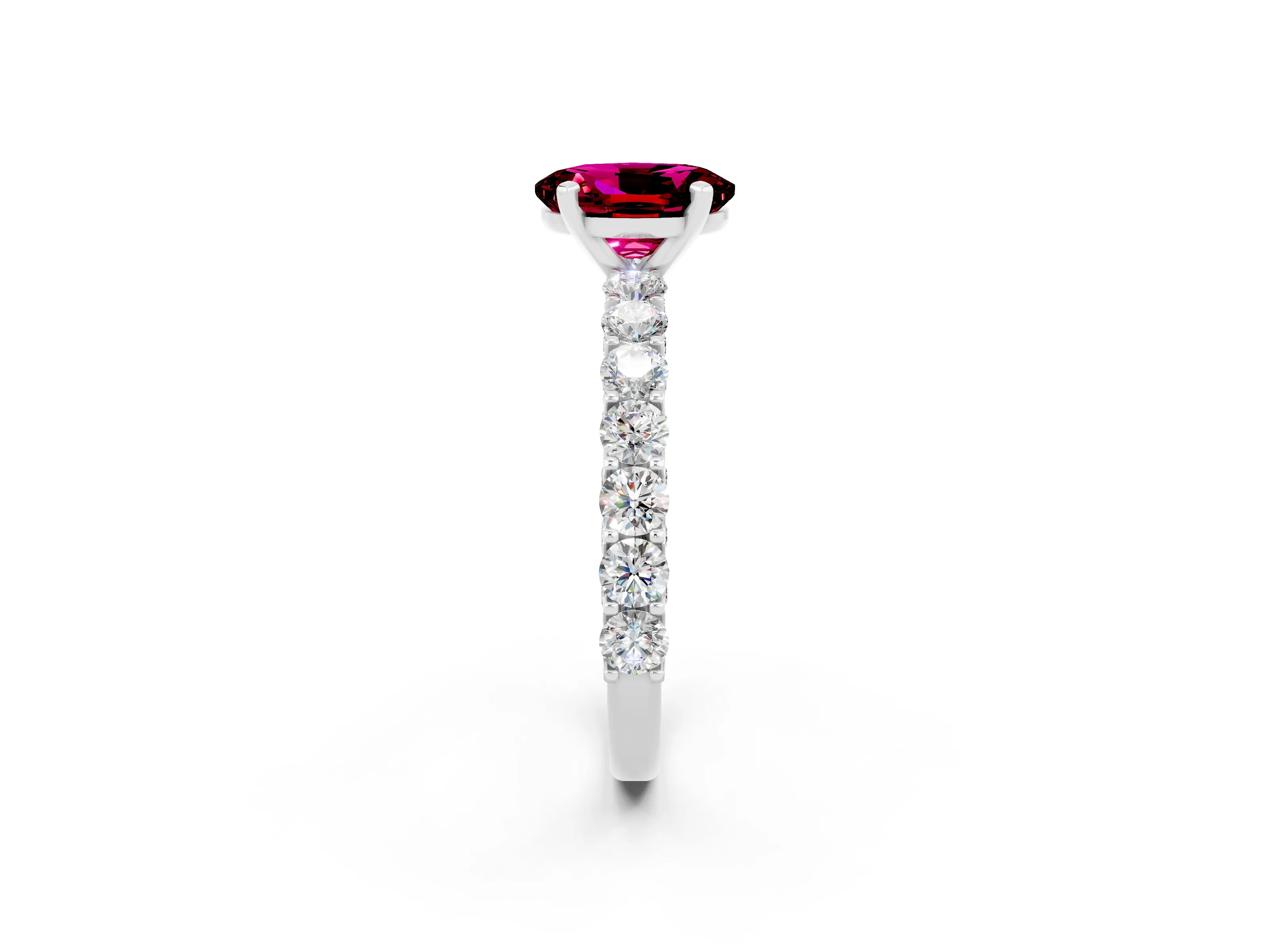 White gold Oval Cut Garnet Solitaire Ring with Shared Prong Pavé Band and Four-Prong Setting_2