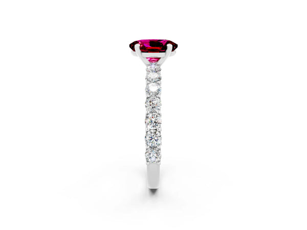 White gold Oval Cut Garnet Solitaire Ring with Shared Prong Pavé Band and Four-Prong Setting