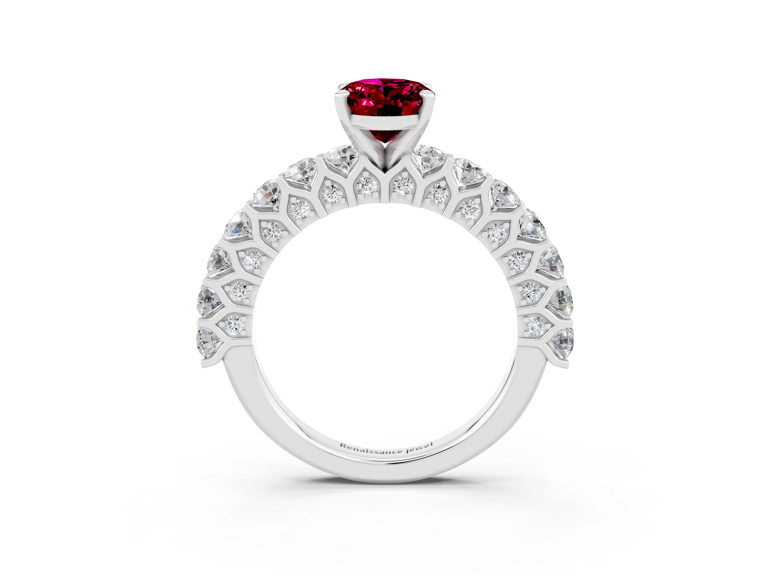 White gold Oval Cut Garnet Solitaire Ring with Shared Prong Pavé Band and Four-Prong Setting_3