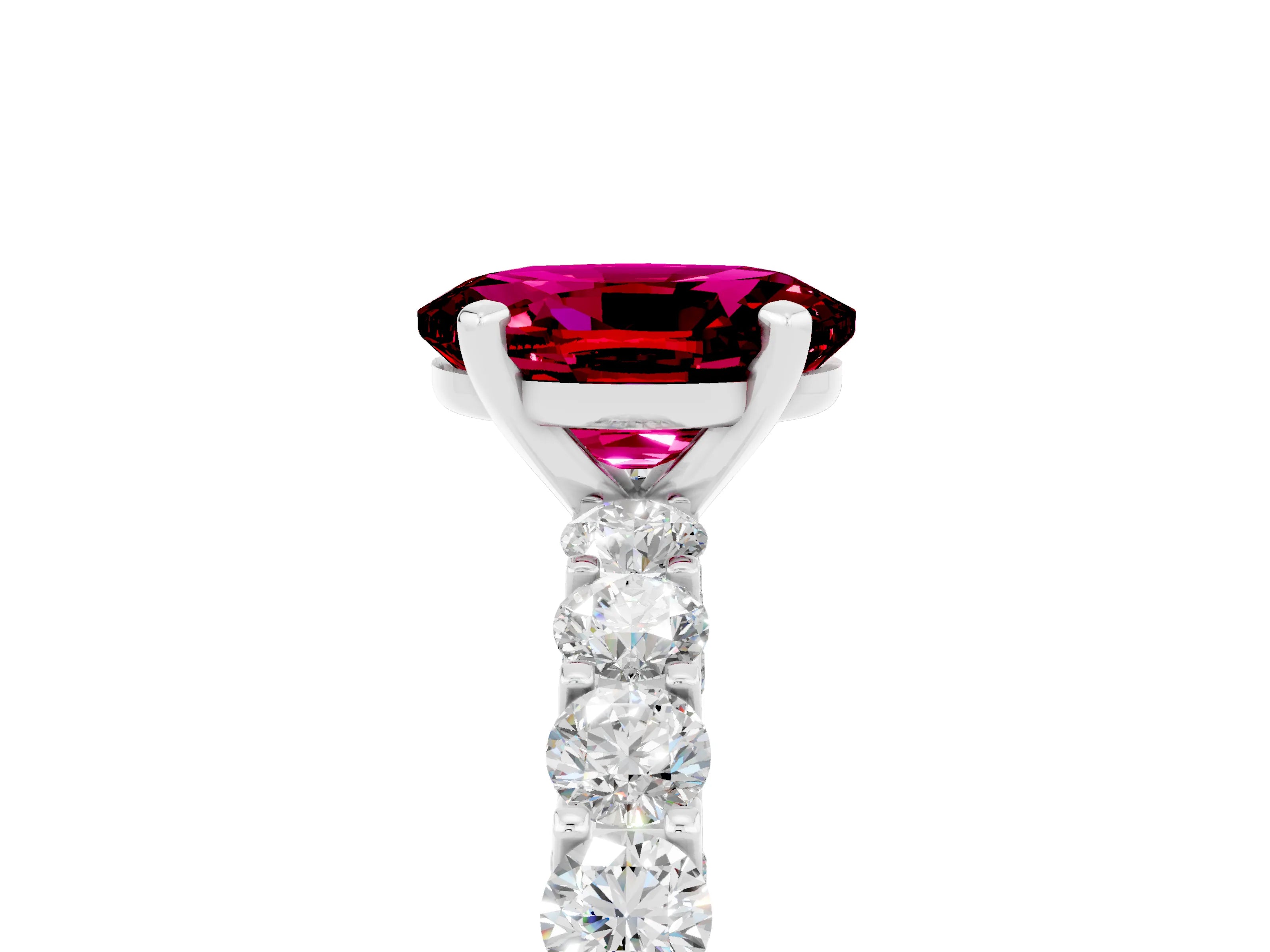 White gold Oval Cut Garnet Solitaire Ring with Shared Prong Pavé Band and Four-Prong Setting_5