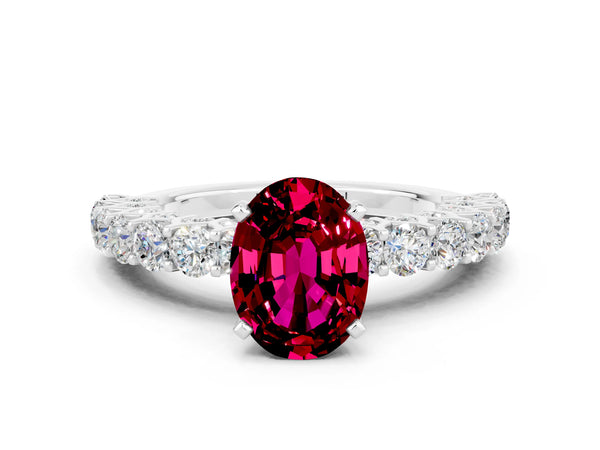 Silver Oval Cut Garnet Solitaire Ring with Shared Prong Pavé Band and Four-Prong Setting
