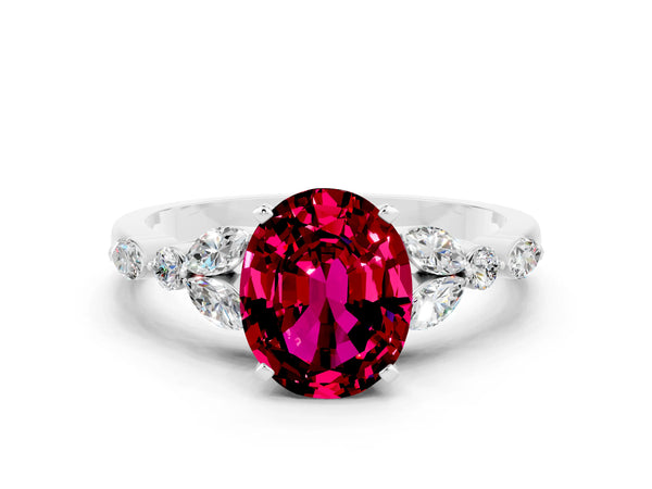Platinum Oval Cut Garnet Solitaire Ring with Side Stones and Four-Prong Setting