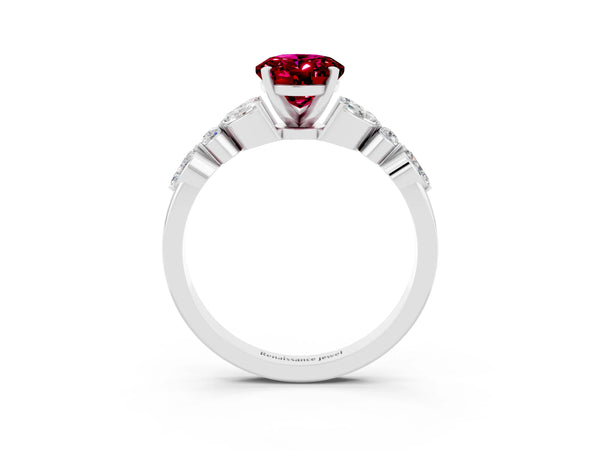 Silver Oval Cut Garnet Solitaire Ring with Side Stones and Four-Prong Setting