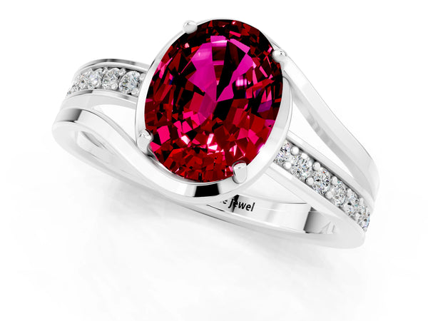 Platinum Oval Cut Garnet Solitaire Ring with Split Shank and Prong Setting