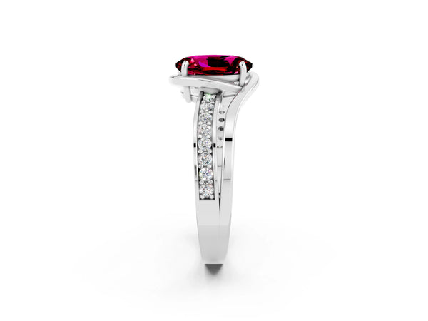 White gold Oval Cut Garnet Solitaire Ring with Split Shank and Prong Setting
