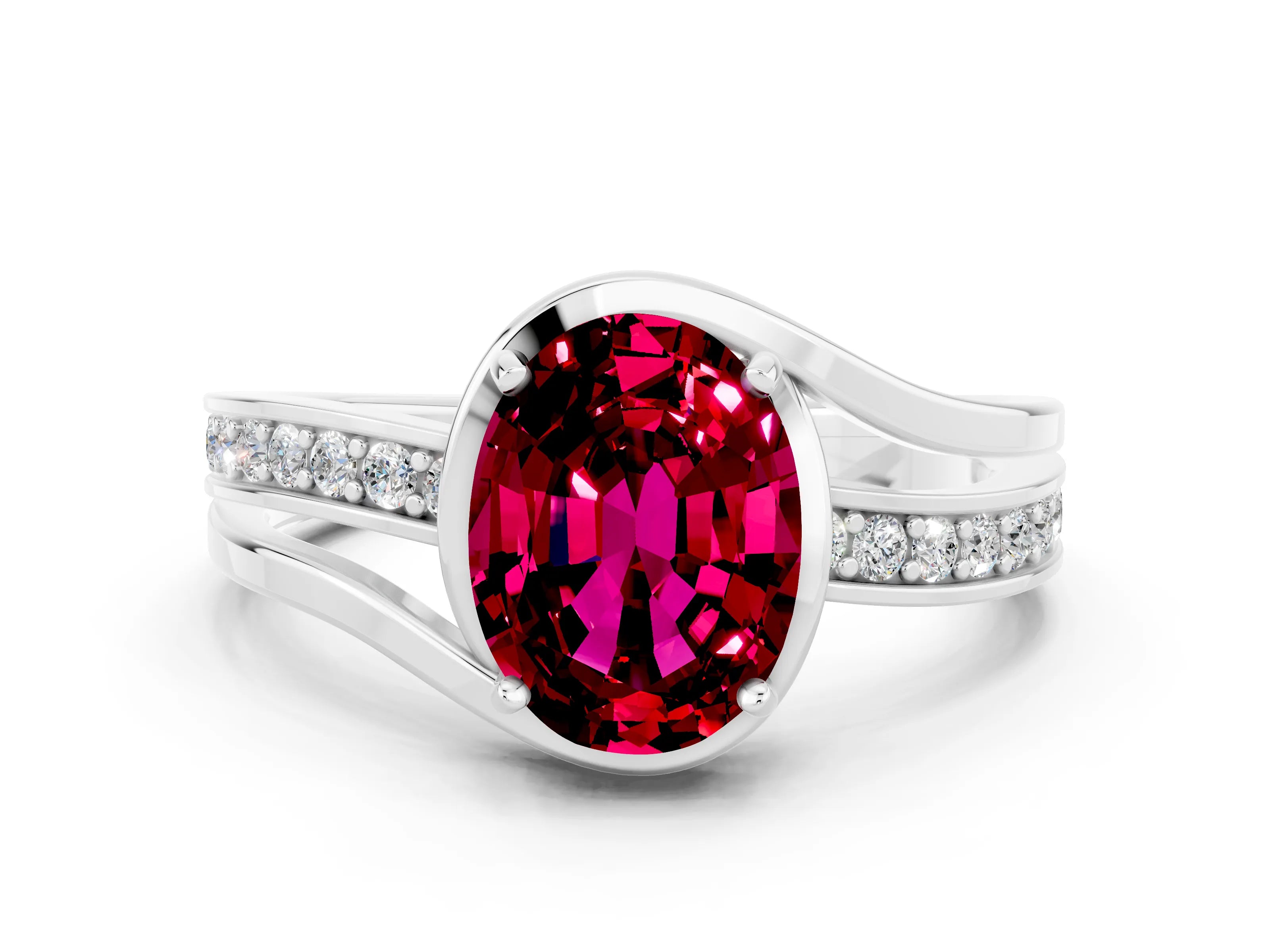 White gold Oval Cut Garnet Solitaire Ring with Split Shank and Prong Setting