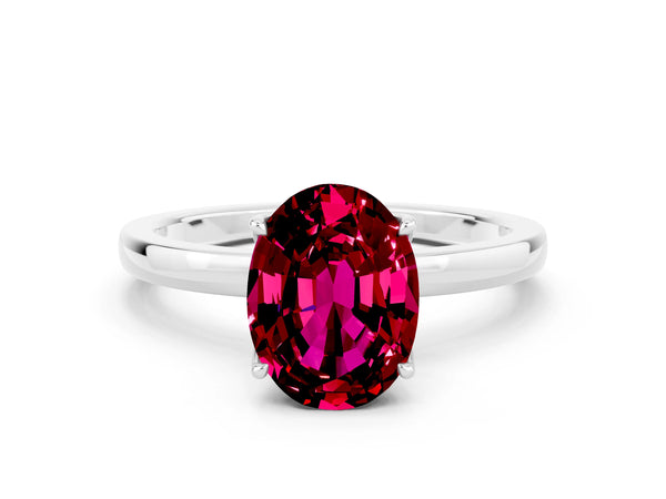 White gold Oval Cut Garnet Solitaire Ring with Thin Band and Prong Setting