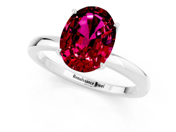 White gold Oval Cut Garnet Solitaire Ring with Thin Band and Prong Setting