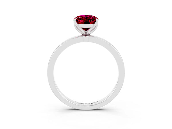 White gold Oval Cut Garnet Solitaire Ring with Thin Band and Prong Setting