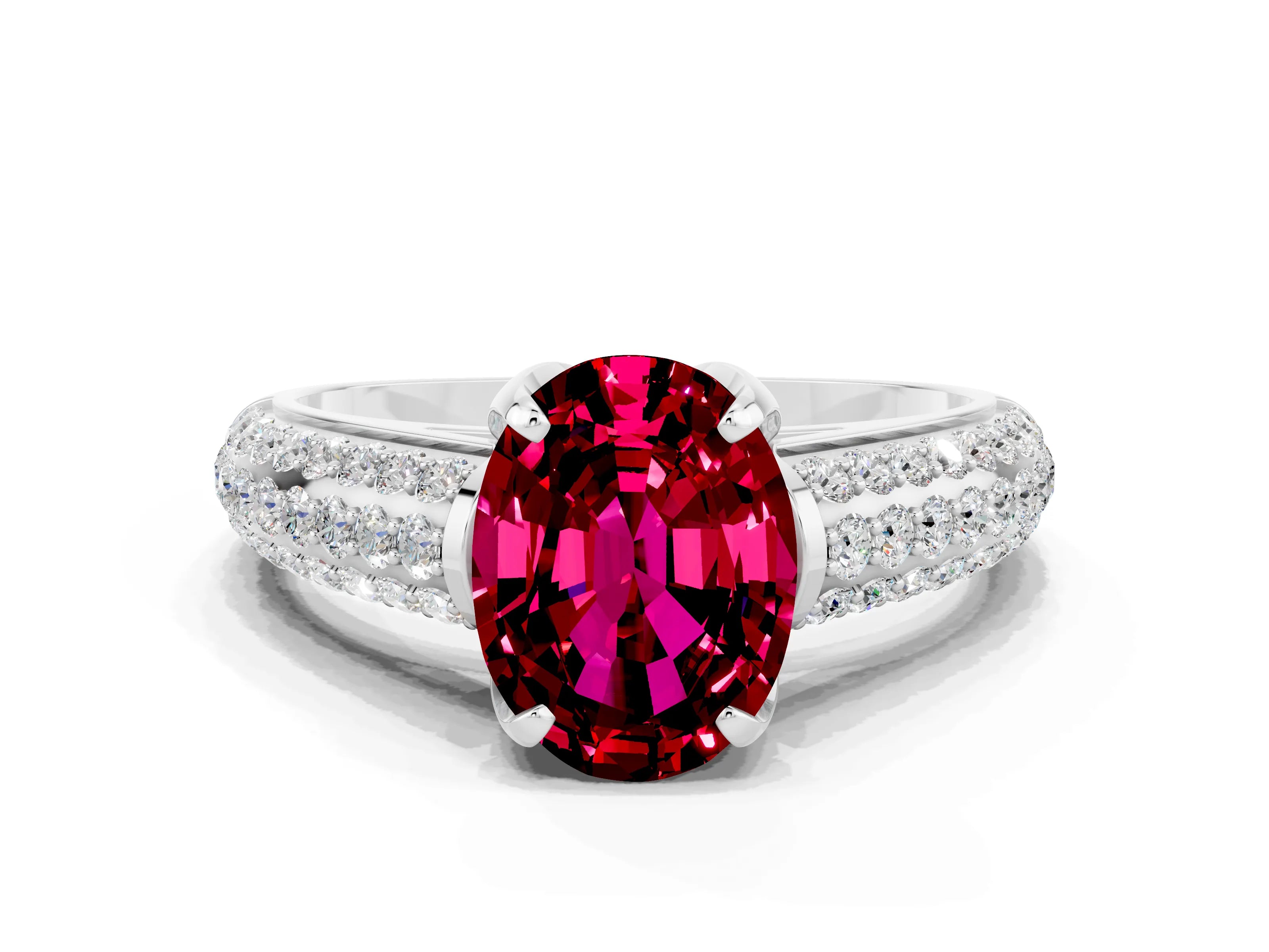 White gold Oval Cut Garnet Solitaire Ring with Three-Row Pavé Band and Four-Prong Setting_12