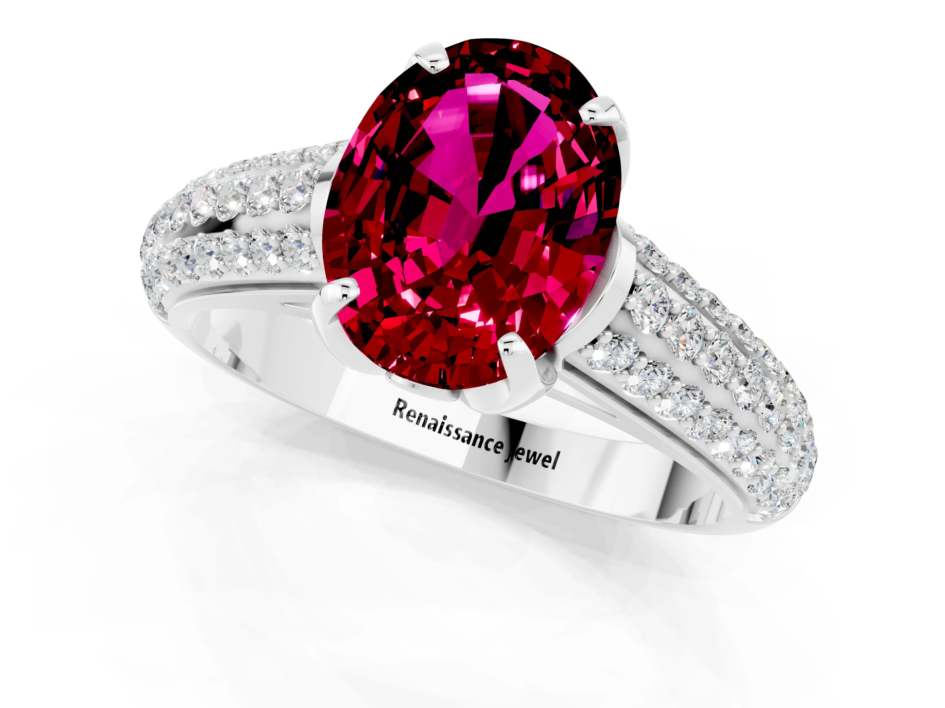 White gold Oval Cut Garnet Solitaire Ring with Three-Row Pavé Band and Four-Prong Setting_13