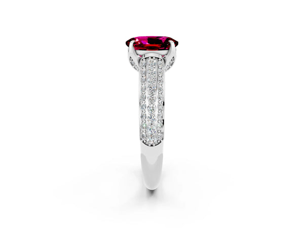Platinum Oval Cut Garnet Solitaire Ring with Three-Row Pavé Band and Four-Prong Setting