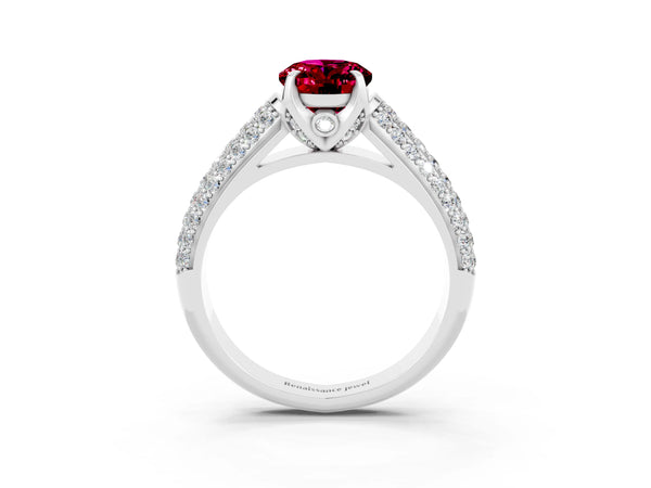 Silver Oval Cut Garnet Solitaire Ring with Three-Row Pavé Band and Four-Prong Setting