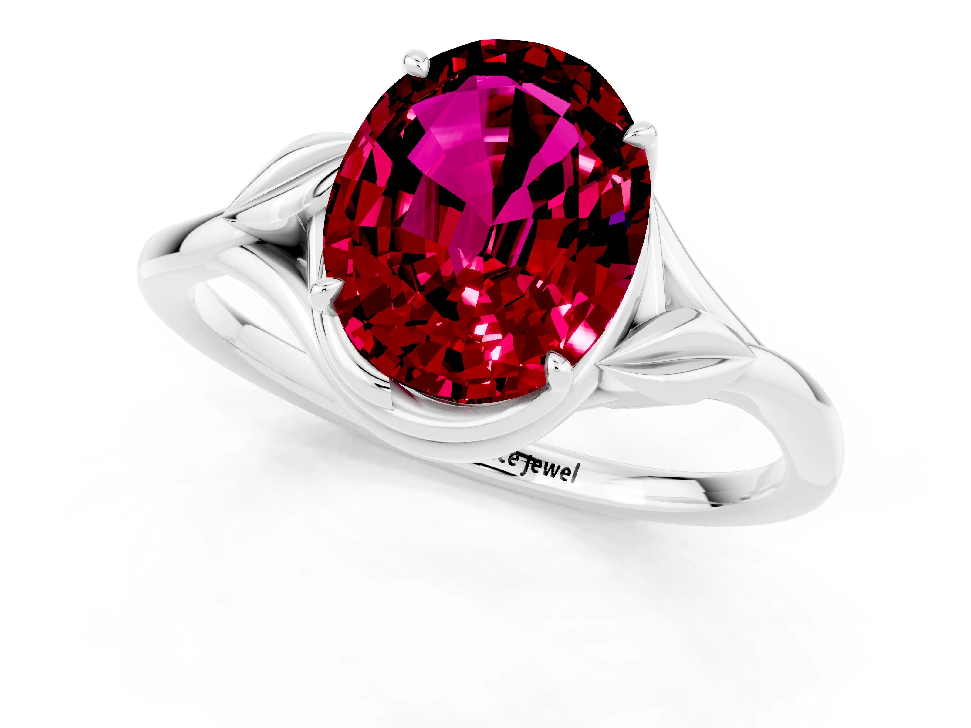 White gold Oval Cut Garnet Solitaire Ring with Twist Band and Four-Prong Setting_13