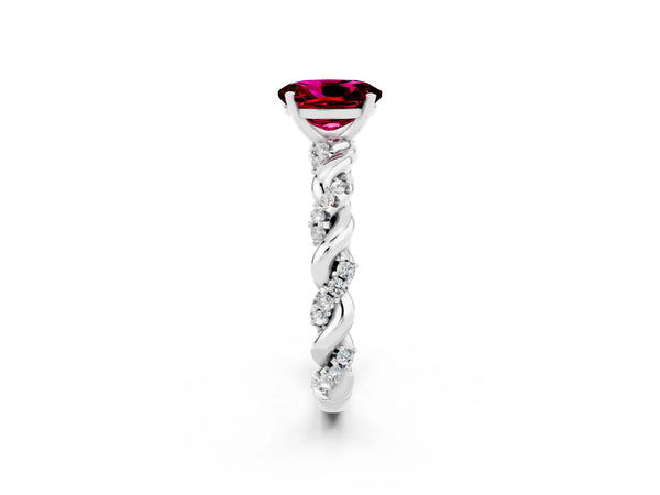 Silver Oval Cut Garnet Solitaire Ring with Twisted Band and Pavé Accents