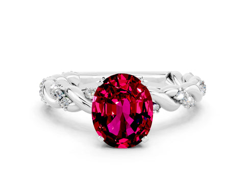White gold Oval Cut Garnet Solitaire Ring with Twisted Band and Pavé Accents