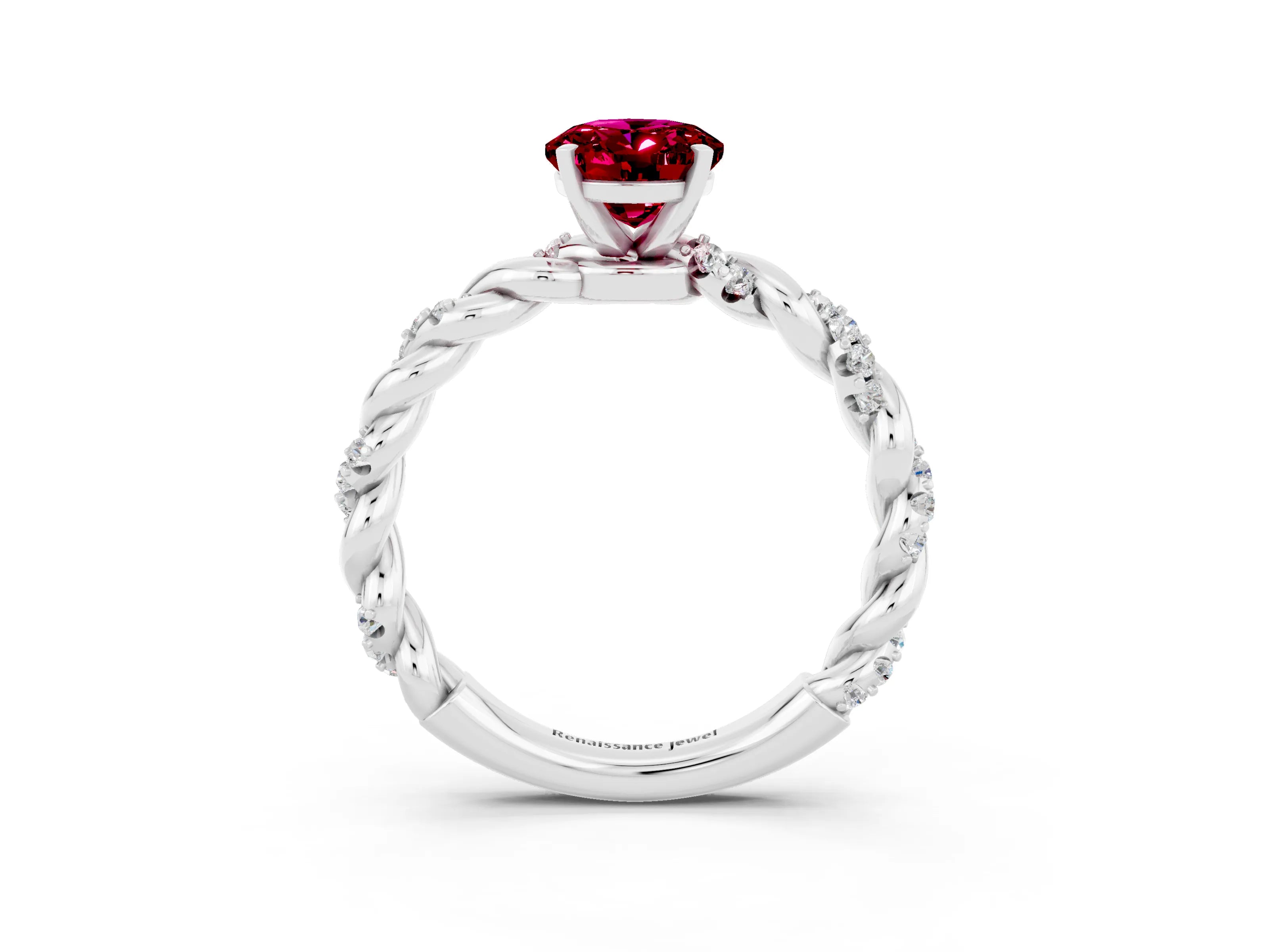 White gold Oval Cut Garnet Solitaire Ring with Twisted Band and Pavé Accents_3