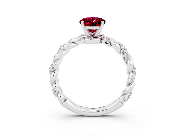 Silver Oval Cut Garnet Solitaire Ring with Twisted Band and Pavé Accents