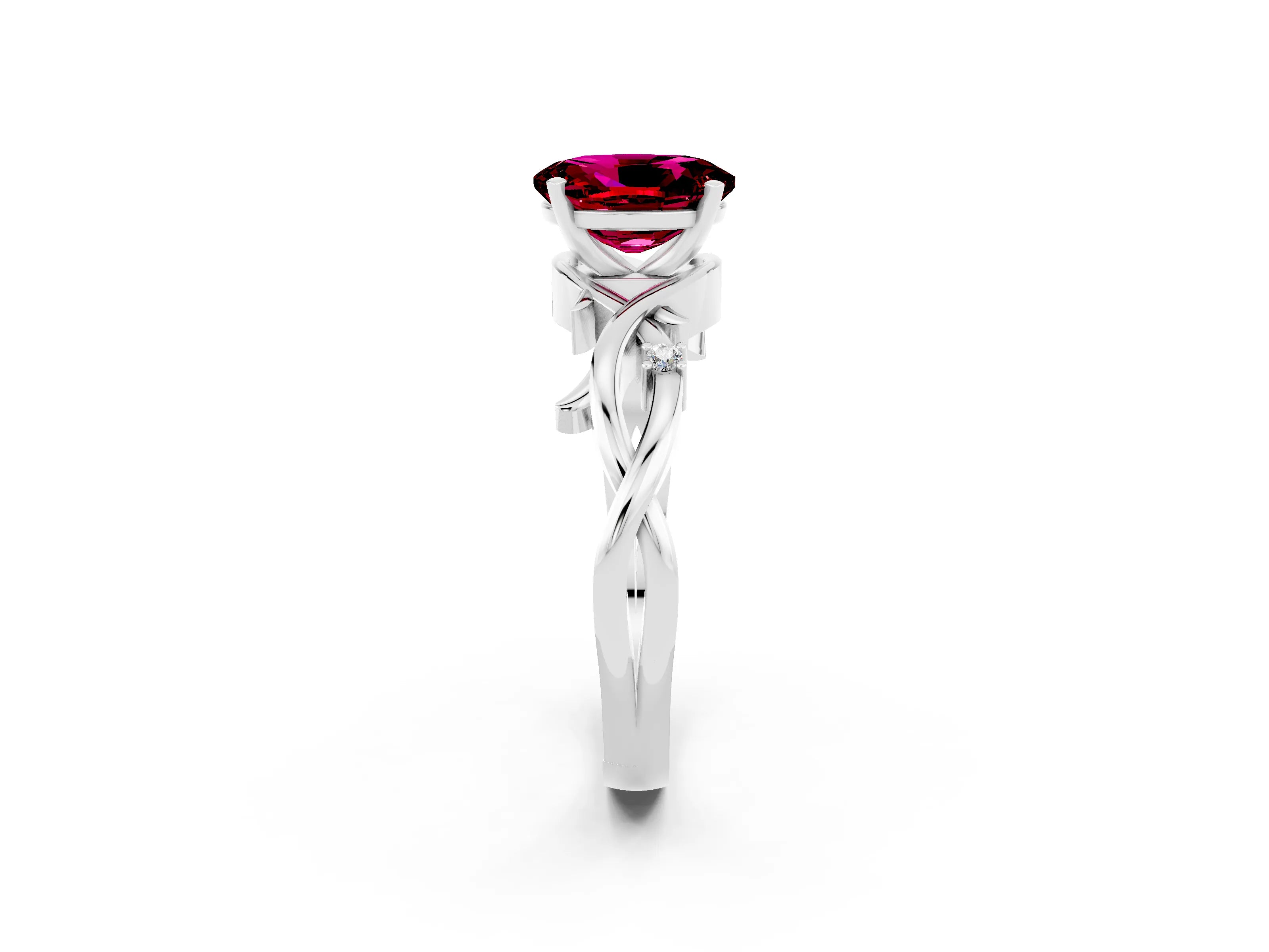 White gold Oval Cut Garnet Solitaire Ring with Twisted Band and Prong Setting_14