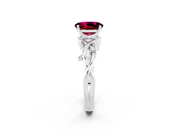 Platinum Oval Cut Garnet Solitaire Ring with Twisted Band and Prong Setting