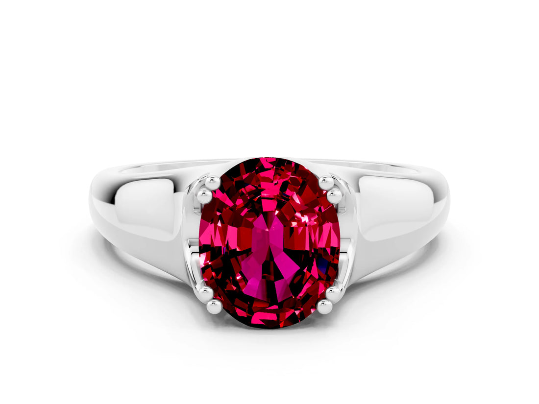 White gold Oval Cut Garnet Solitaire Ring with Wide Band and Prong Setting