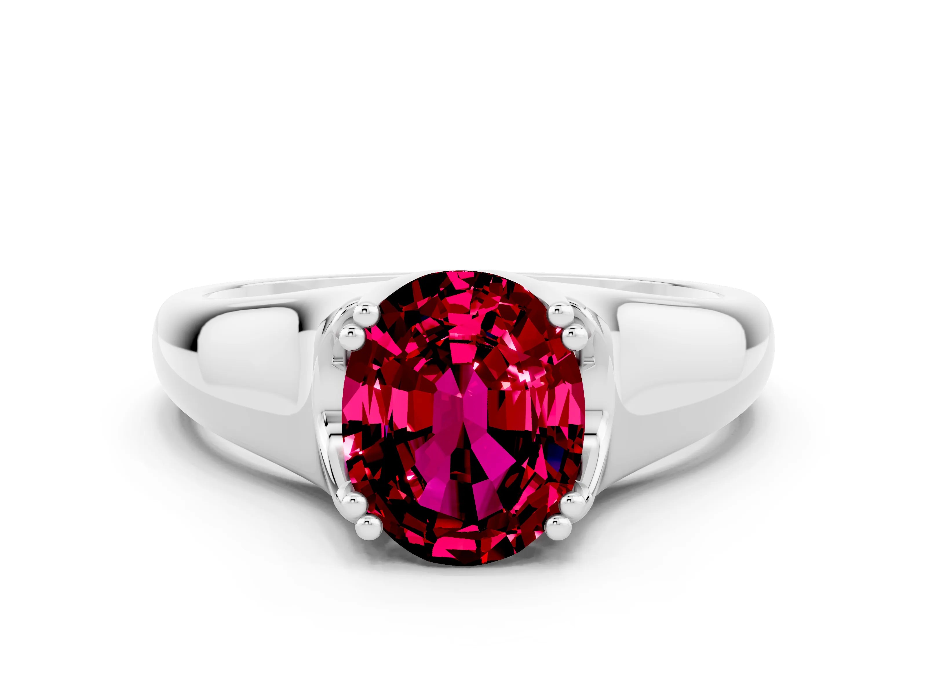 White gold Oval Cut Garnet Solitaire Ring with Wide Band and Prong Setting