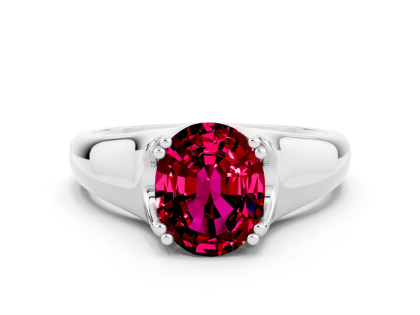 White gold Oval Cut Garnet Solitaire Ring with Wide Band and Prong Setting