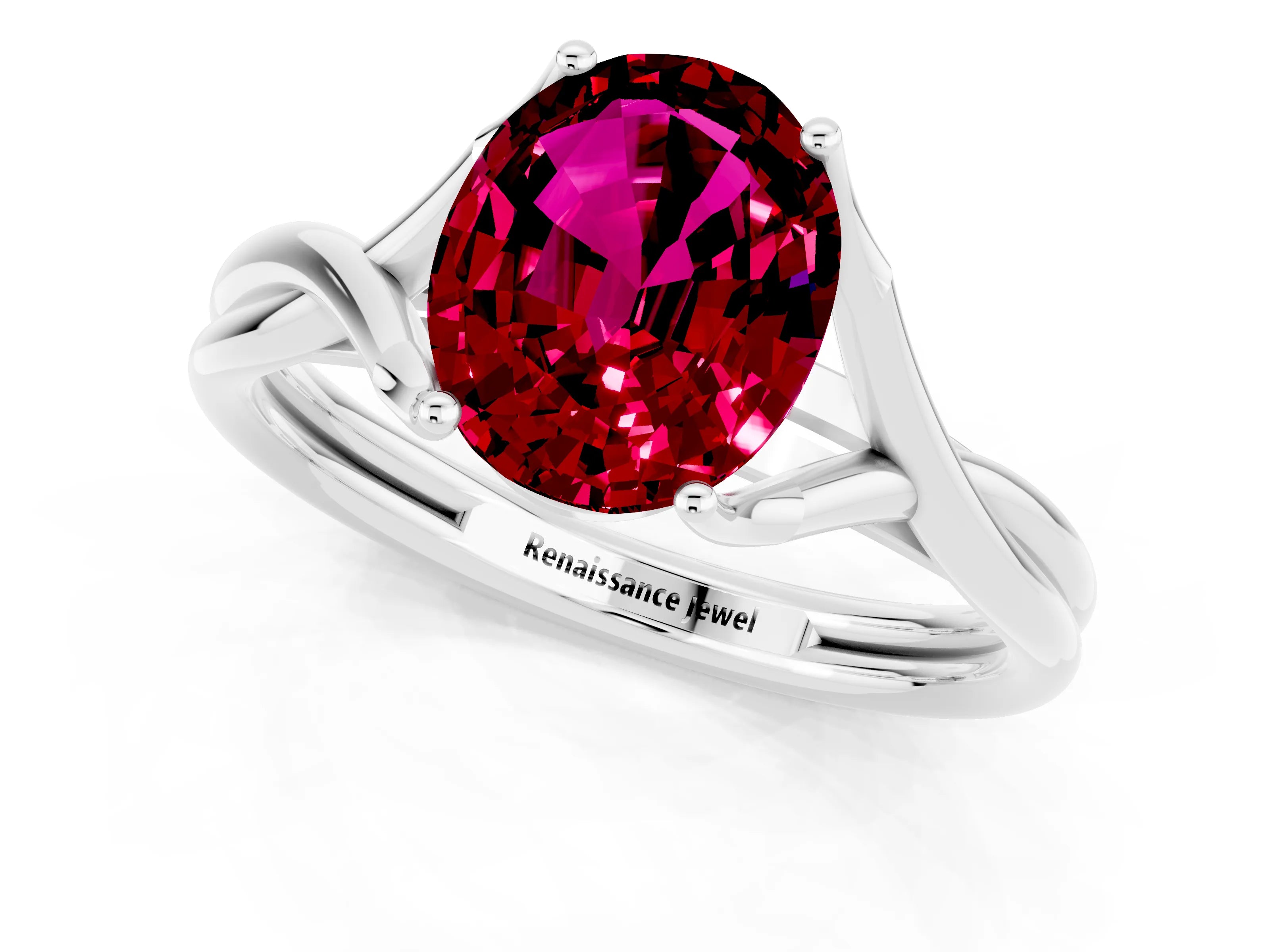 White gold Oval Cut Garnet Solitaire Twist Band Prong Setting Ring_60