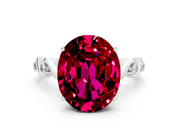 Platinum Oval Cut Garnet Solitaire Twisted Band with Round  Accents and Prong Setting