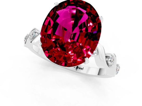 Platinum Oval Cut Garnet Solitaire Twisted Band with Round  Accents and Prong Setting