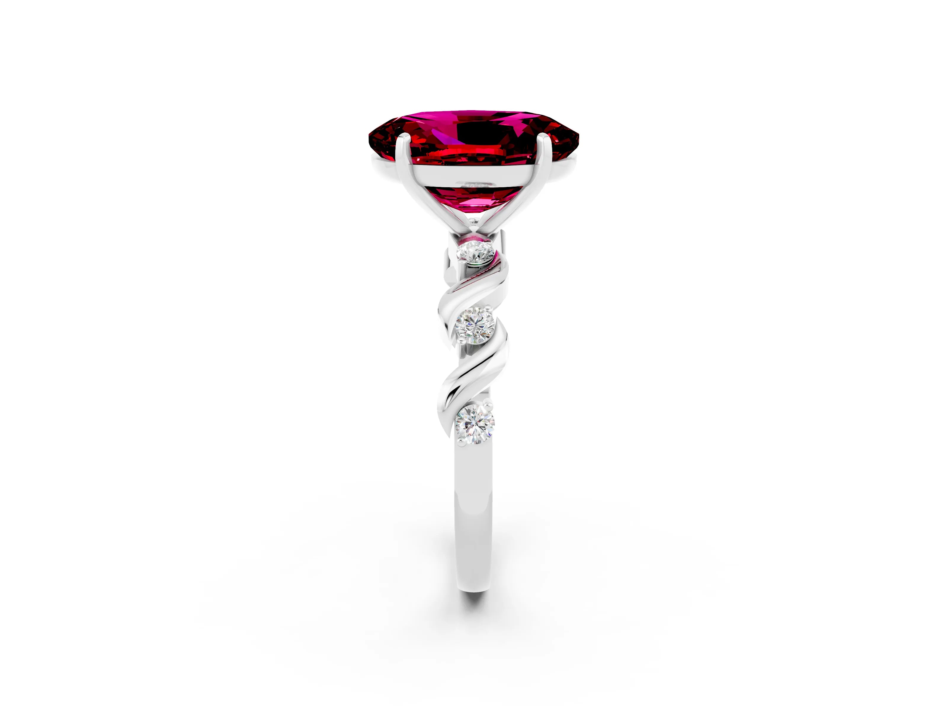White gold Oval Cut Garnet Solitaire Twisted Band with Round  Accents and Prong Setting_14