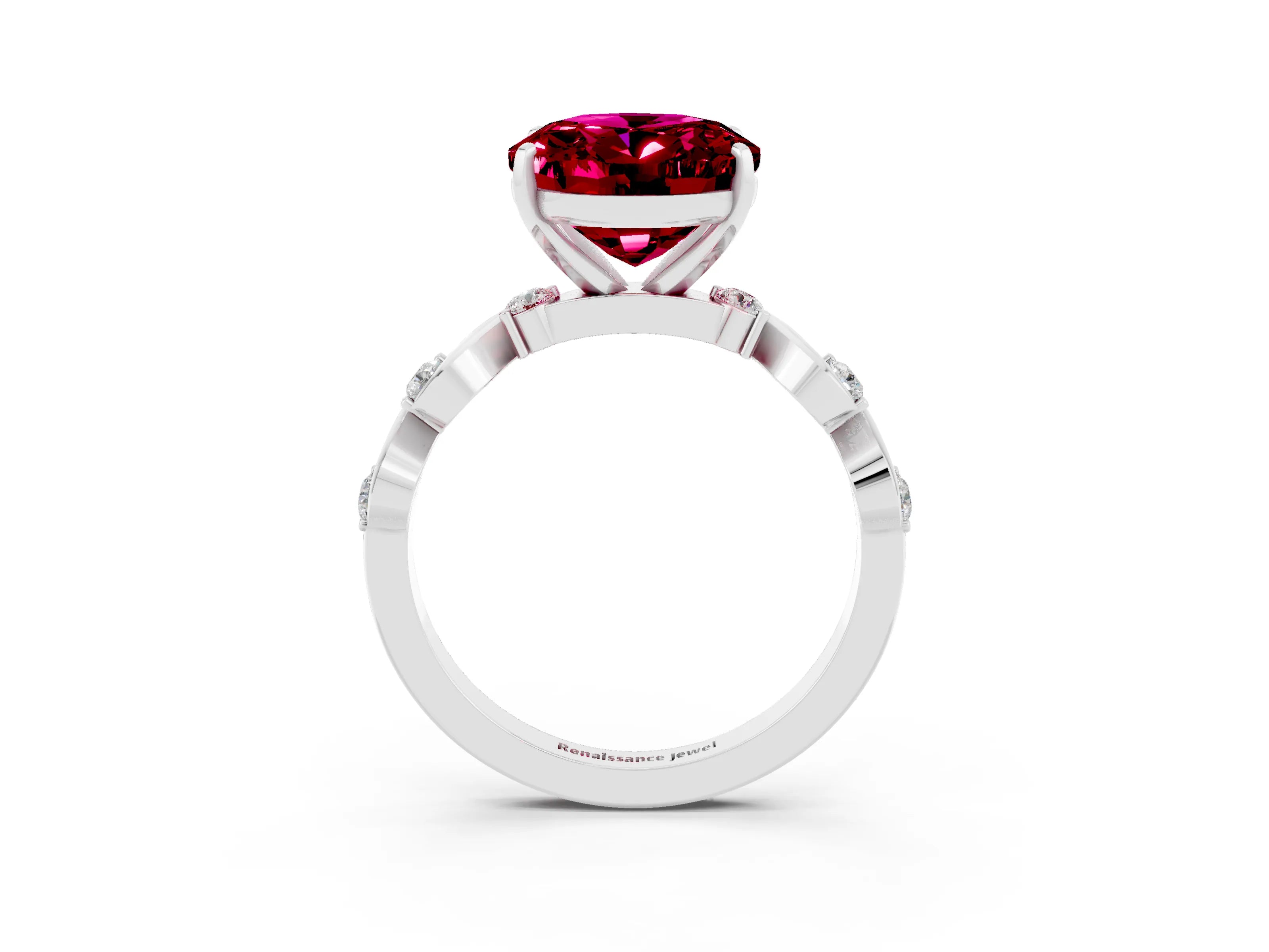 White gold Oval Cut Garnet Solitaire Twisted Band with Round  Accents and Prong Setting_15