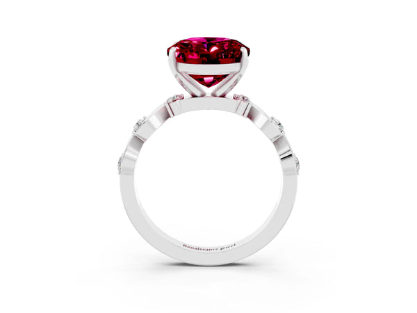 White gold Oval Cut Garnet Solitaire Twisted Band with Round  Accents and Prong Setting