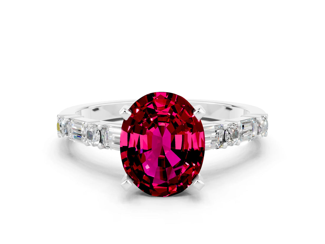 White gold Oval Cut Garnet Solitaire with Side Baguettes and Channel Set Band