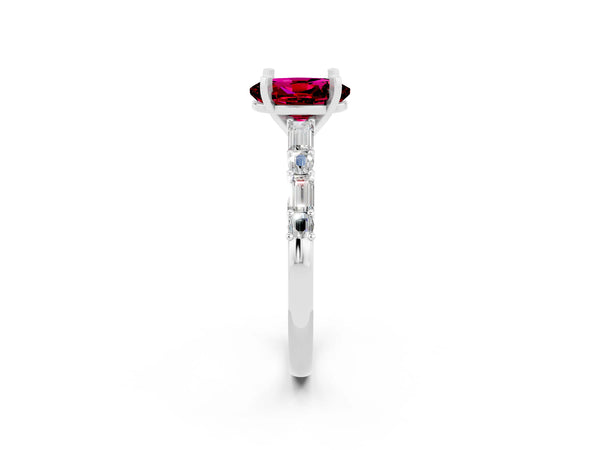 Platinum Oval Cut Garnet Solitaire with Side Baguettes and Channel Set Band