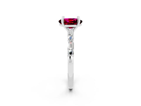 White gold Oval Cut Garnet Solitaire with Side Baguettes and Channel Set Band_2