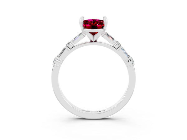 Platinum Oval Cut Garnet Solitaire with Side Baguettes and Channel Set Band