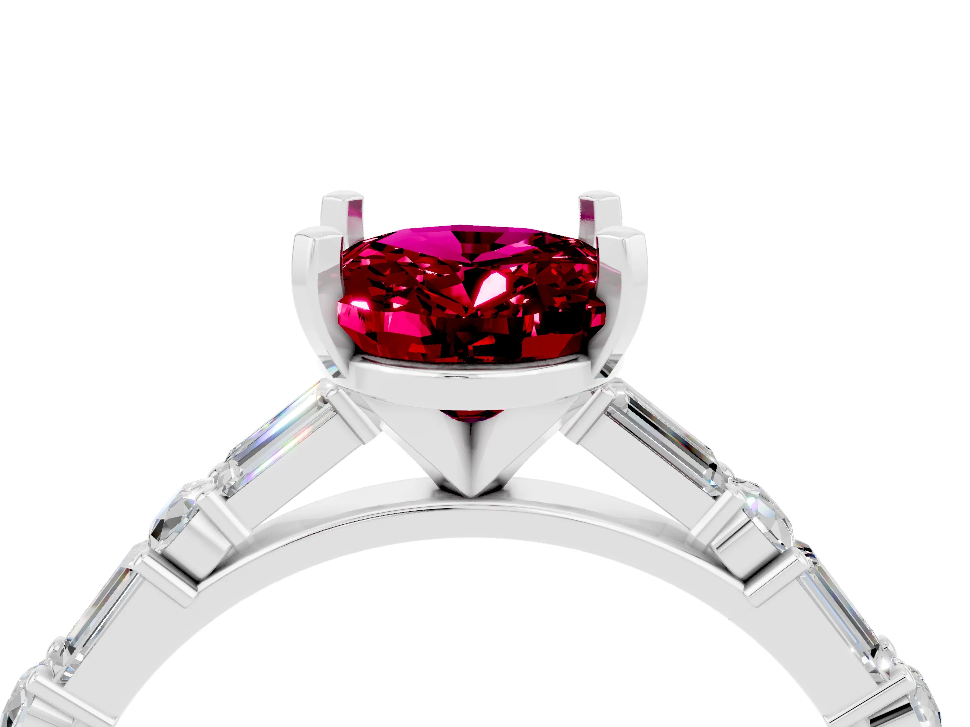 White gold Oval Cut Garnet Solitaire with Side Baguettes and Channel Set Band_4